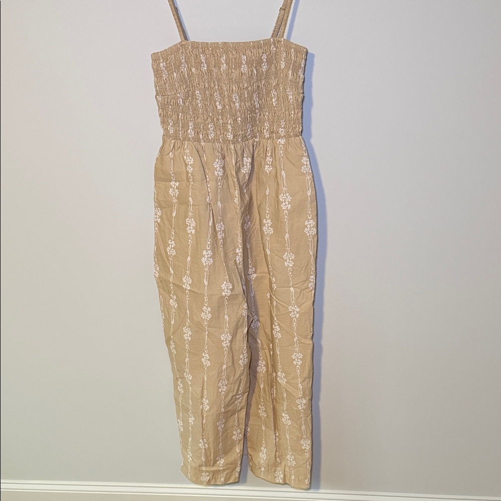 Rebecca Taylor Beige Floral Embroidered Smocked Jumpsuit